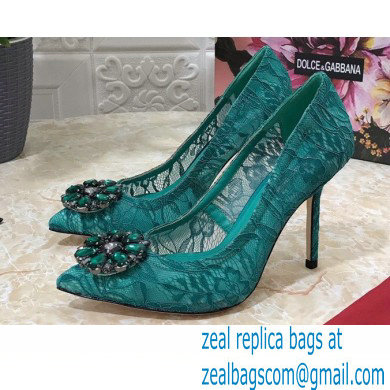 Dolce & Gabbana Heel 10.5cm Taormina Lace Pumps Green with Crystals 2021